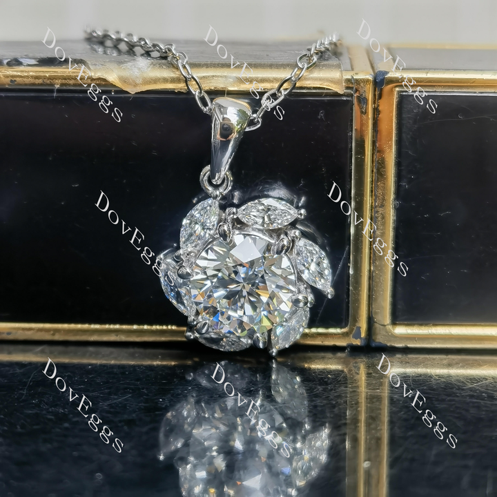 Round floral halo moissanite pendant necklace main view| Doveggs
