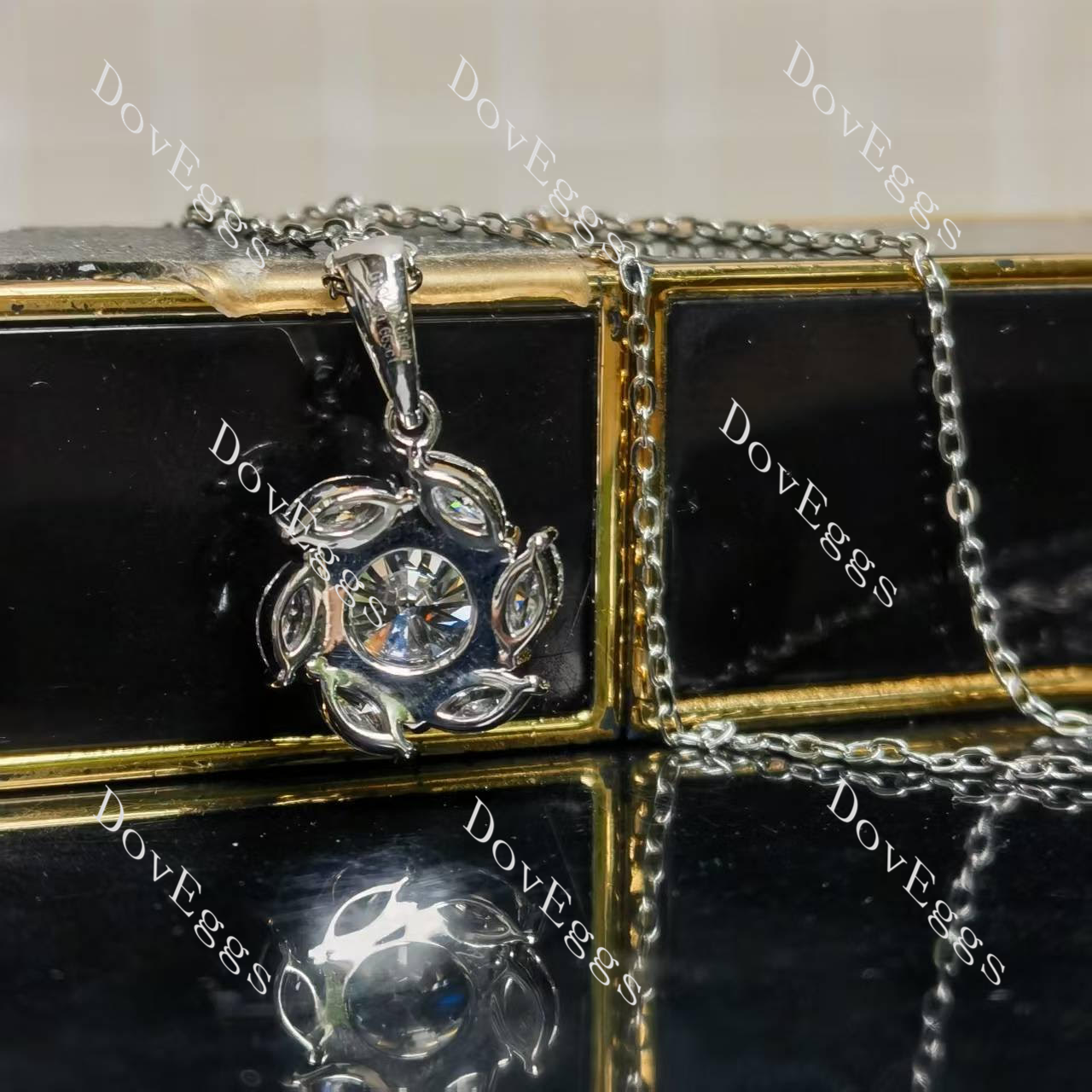 Round floral halo moissanite pendant necklace bottom view| Doveggs