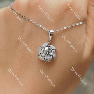 Round floral halo moissanite pendant necklace hand model view| Doveggs