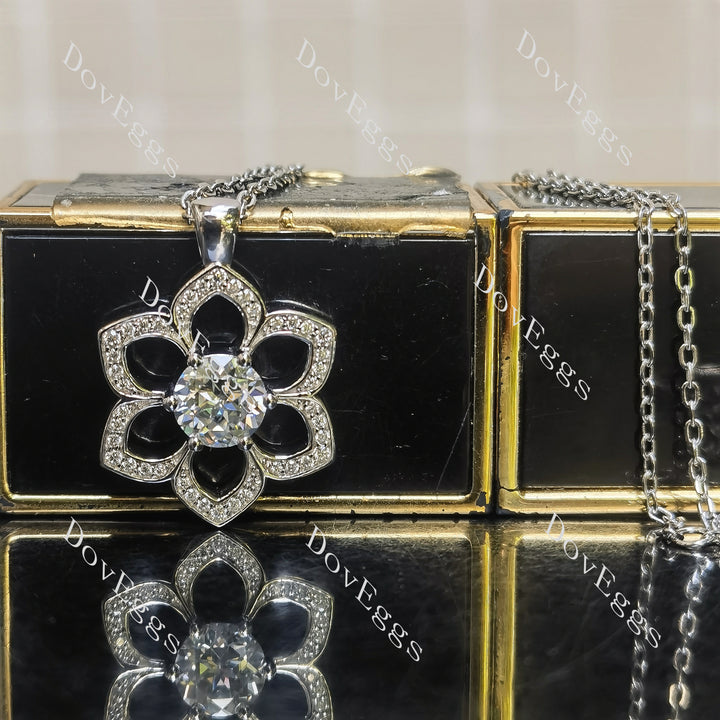 Round floral pave moissanite pendant necklace front view| Doveggs