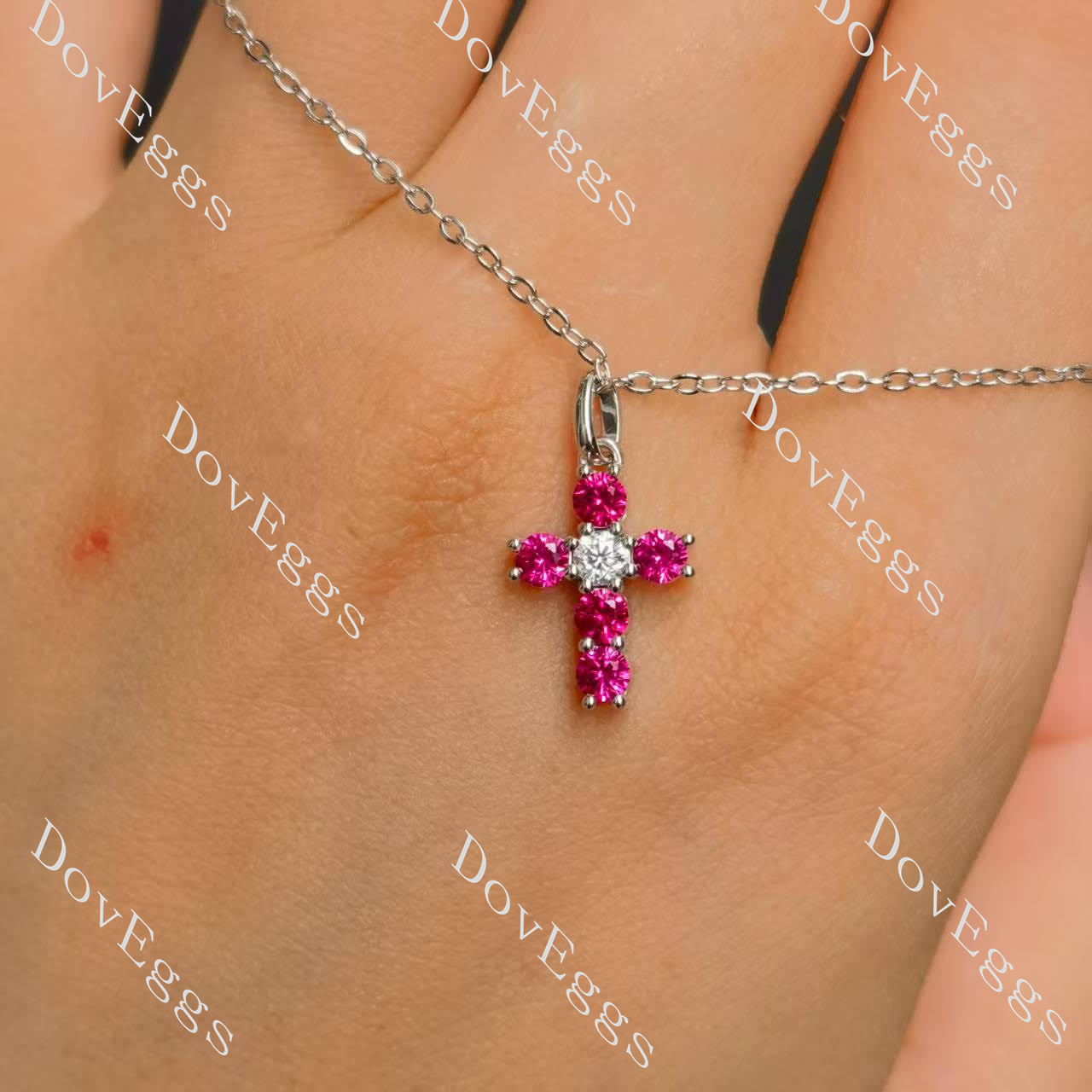Round pave six stones moissanite and colored gem pendant necklace model picture| Doveggs