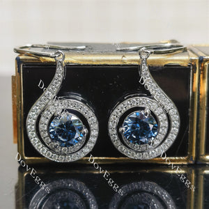 Round loopback art deco pave halo twilight blue moissnaite earrings main view| Doveggs