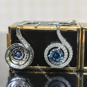 Round loopback art deco pave halo twilight blue moissnaite earrings main view| Doveggs