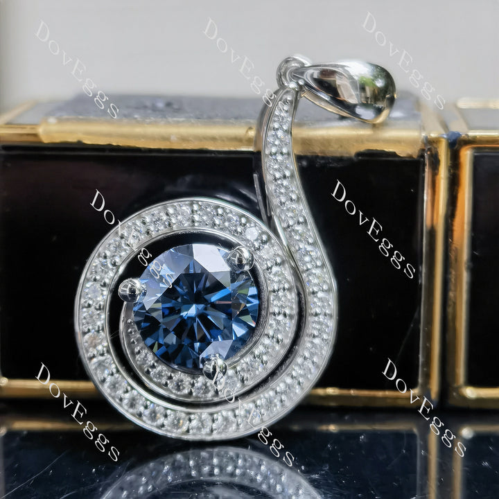 Round loopback art deco pave halo twilight blue moissnaite pendant necklace main view| Doveggs