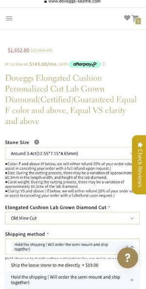 Layaway payment of around 3.4ct elongated cushion OMC lab grown diamond (50 50)