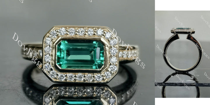 Elongated emerald halo colored gem engagement ring main view| Doveggs