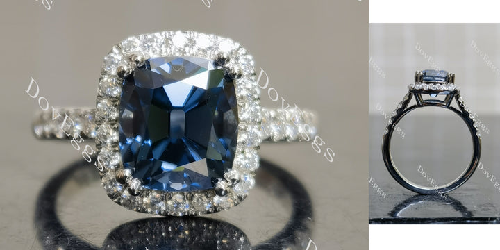Cushion halo twilight blue moissanite engagement ring main view| Doveggs