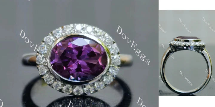Oval halo colored gem engagement ring showcases a luxurious fusion of vintage and modern styles|Doveggs