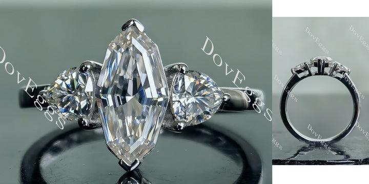 Marquise step cut moissanite engagement ring front and side view