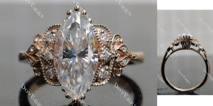 Marquise modified H&A moissanite engagement ring with vintage pave band, front and side view
