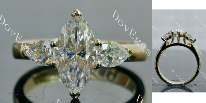 Marquise modified H&A moissanite three stone engagement ring front and side view