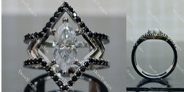Marquise modified H&A moissanite engagement ring with split shank halo and pave stones