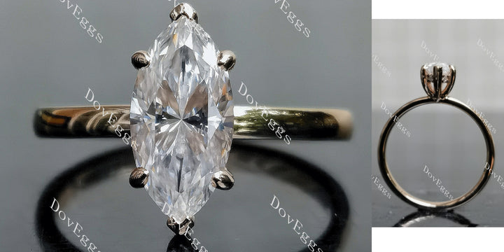 Marquise modified H&A cut moissanite engagement ring with pave band, front and side view