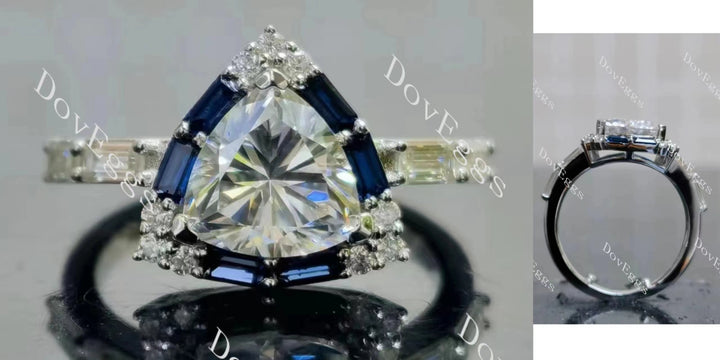 Fat trillion halo moissanite with colored baguatte engagement ring main view| Doveggs