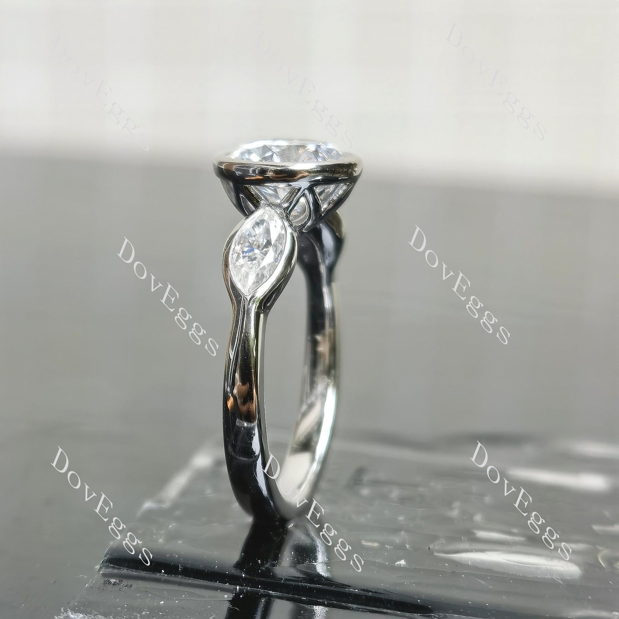 Round three stones moissanite engagement ring|Doveggs