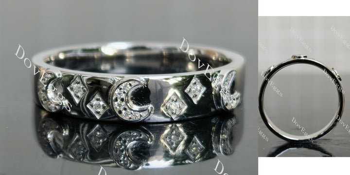 Star and moon round moissanite wedding band 3.5mm front and side view