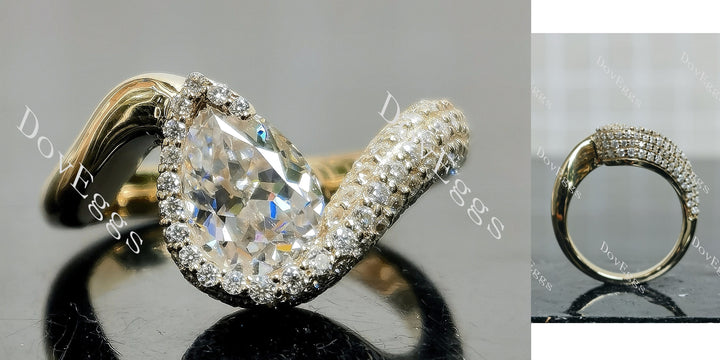 Pear pave halo moissanite engagement ring main view| Doveggs