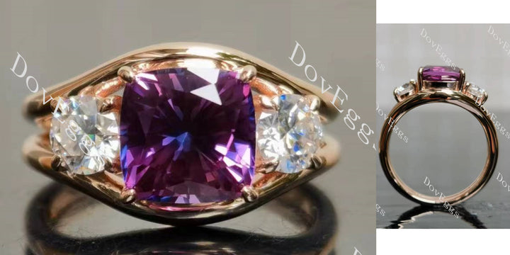 Cushion split shanks three stones colored gem engagement ring main view| Doveggs