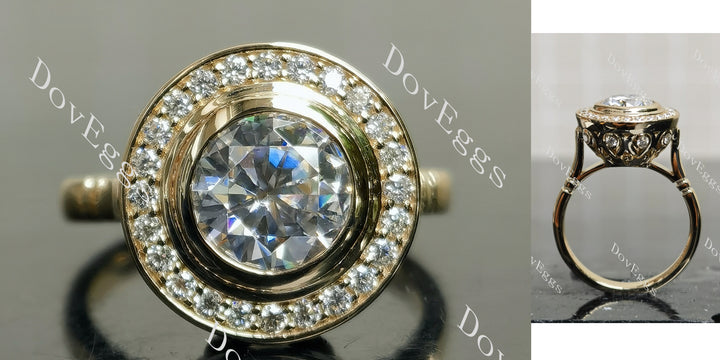 Round halo vintage delicate moissanite engagement ring main view| Doveggs