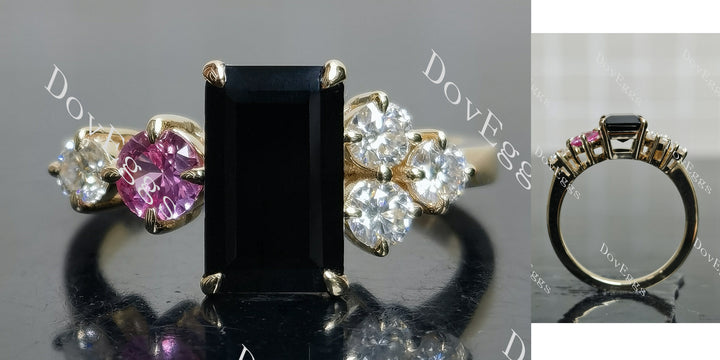 Emerald side stones black sapphire engagement ring main view| Doveggs
