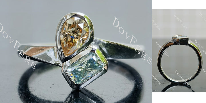 Radiant pear bezel two stones colored moissanite engagement ring main view| Doveggs