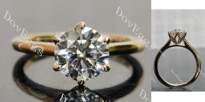 DovEggs' round moissanite solitaire engagement ring features a classic six-prong setting, showcasing brilliant fire.