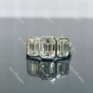 Emerald or elongated emerald bezel three stones moissanite engagement ring|Doveggs