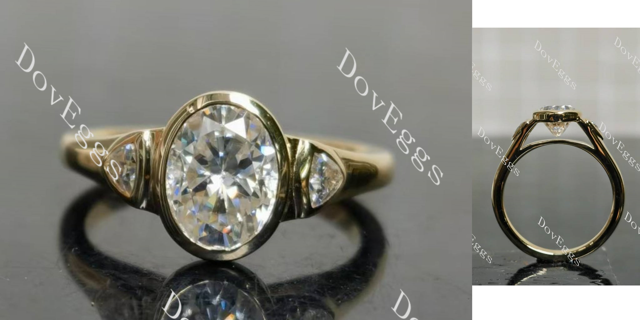 Oval bezel three stones moissanite engagement ring main view| Doveggs