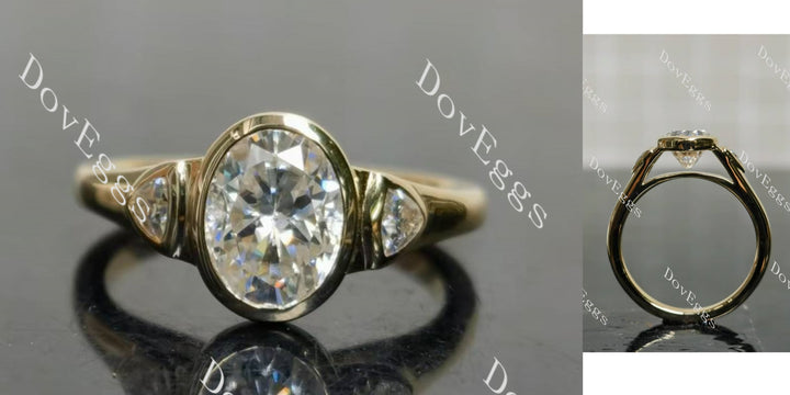 Oval bezel three stones moissanite engagement ring main view| Doveggs
