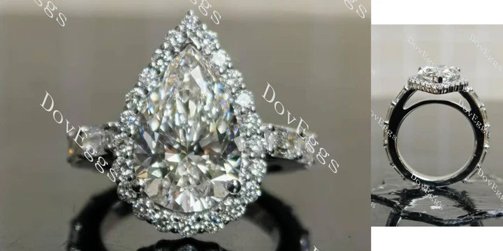 "10K White Gold Fancy Dark Gray Pear Lab Diamond Ring (3.55ct) with Emerald Accents | DovEggs