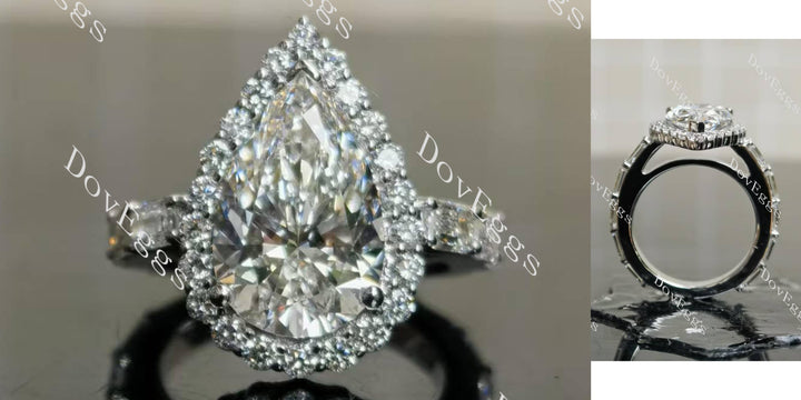 Pear halo 3/4 eternity pave moissanite engagement ring main view|Doveggs