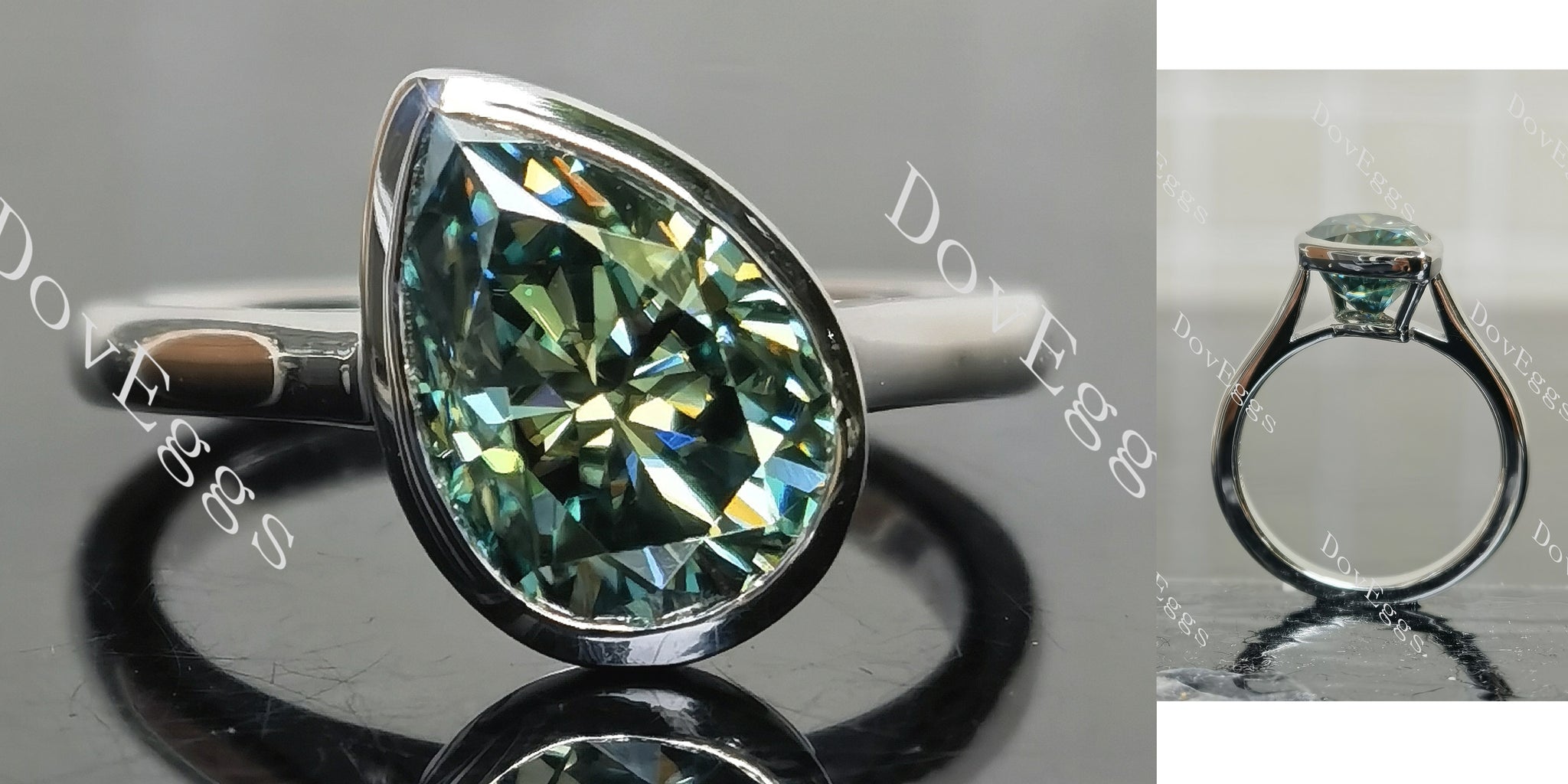 Pear bezel solitaire colored moissanite engagement ring main view|Doveggs
