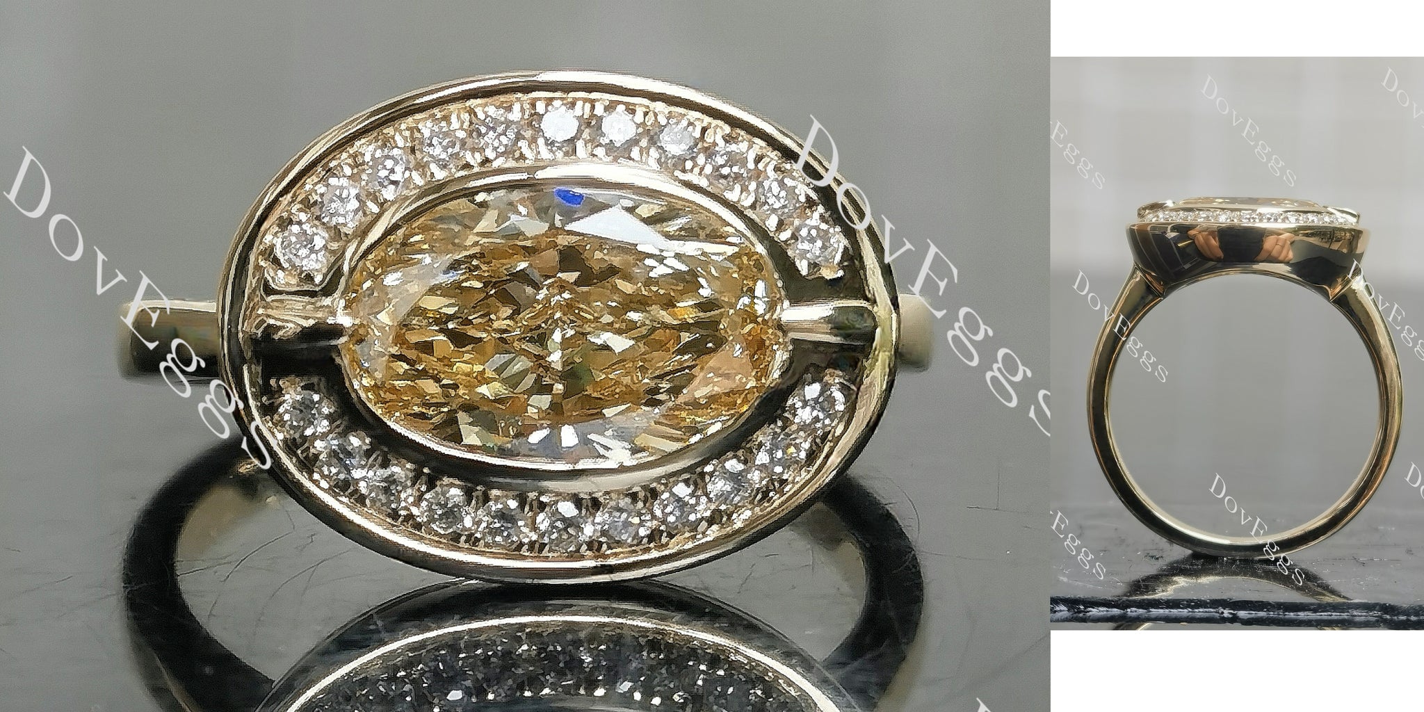 Oval bezel halo colored moissanite engagement ring main view|Doveggs
