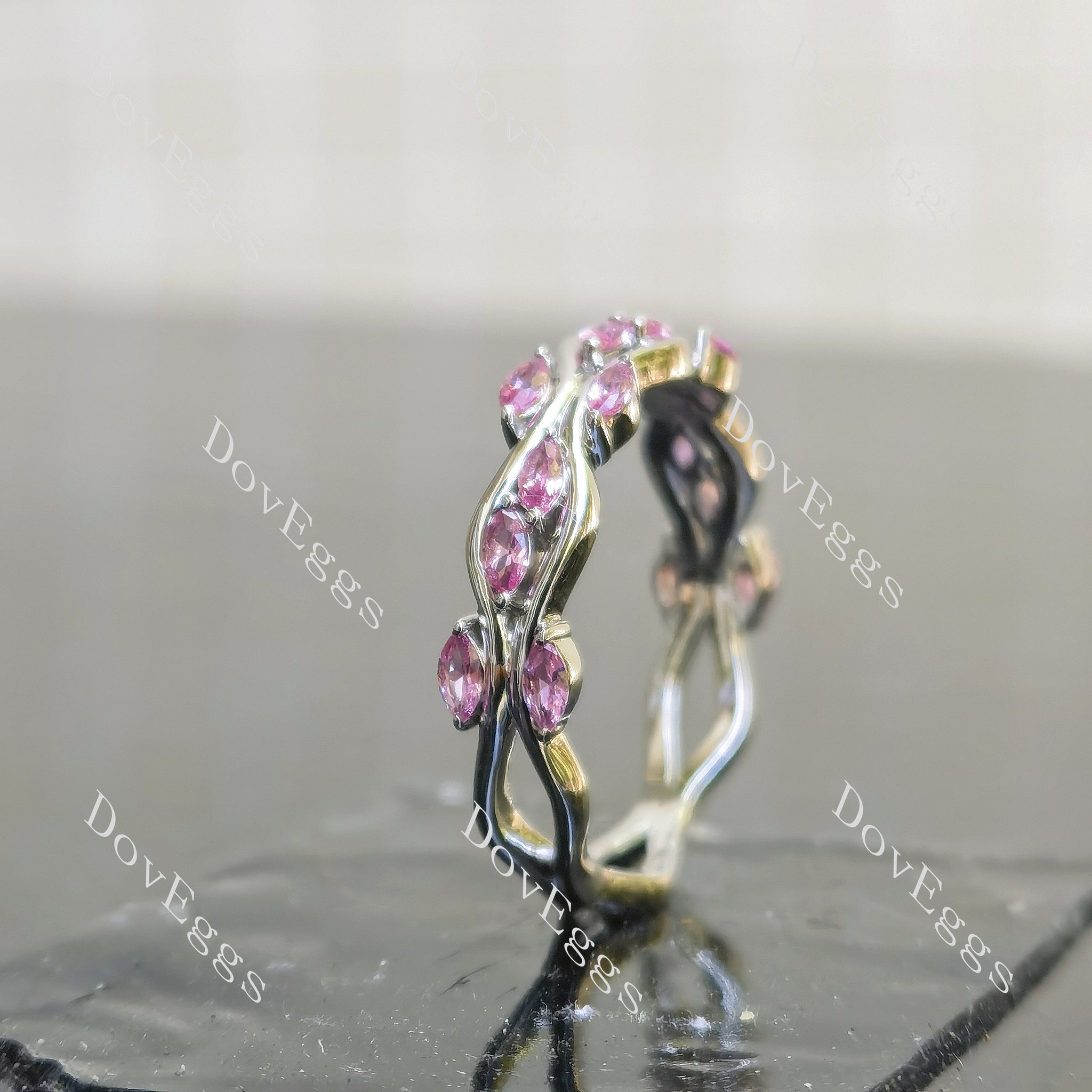 Marquise vintage half or full eternity moissanite or colored gem wedding band side view| DovEggs