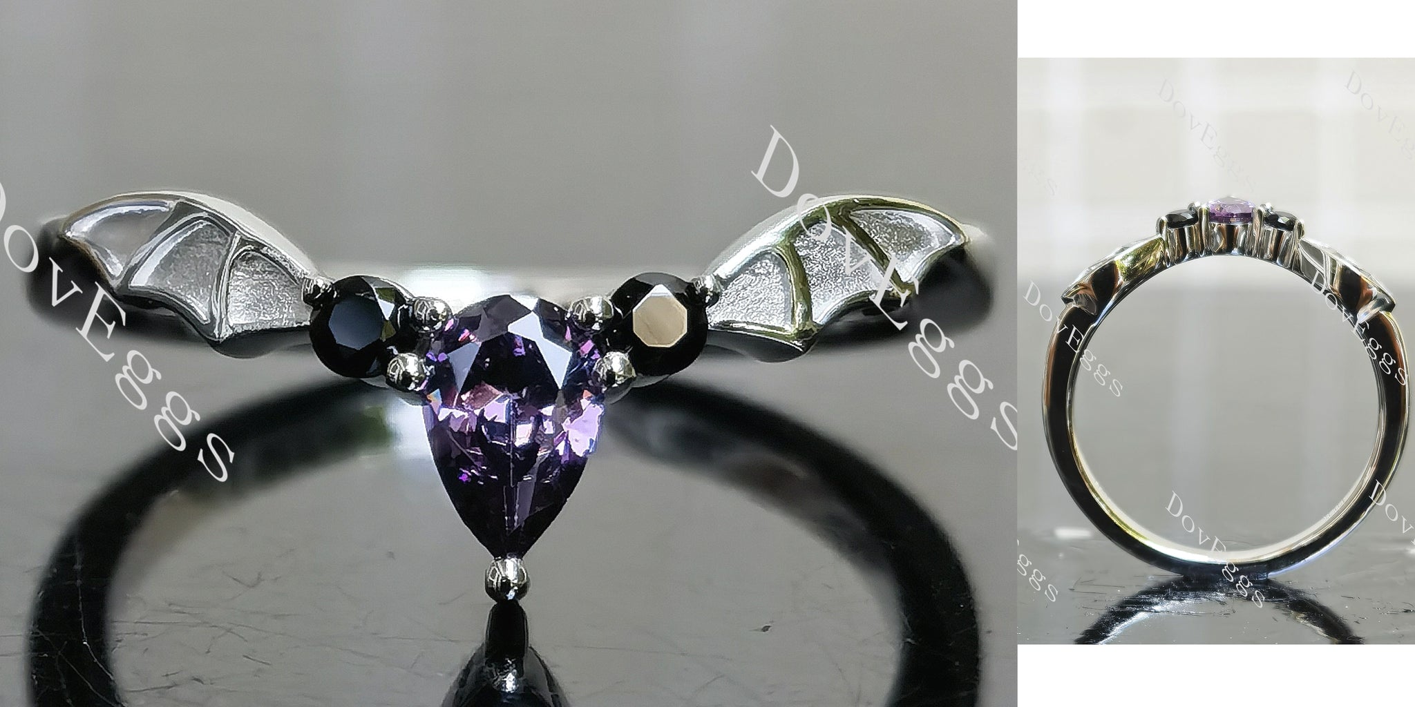 Pear Vampire Gothic Bat Wings colored gem wedding band main view| Doveggs