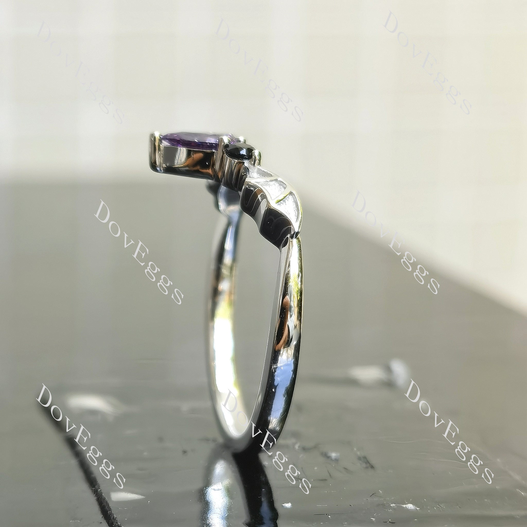 Pear Vampire Gothic Bat Frosted Wings colored gem wedding band side view| Doveggs