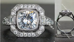 Setting only for Cushion 3.58ct Diamond in lab diamonds Round and Baguette 10k WG Size 7.5