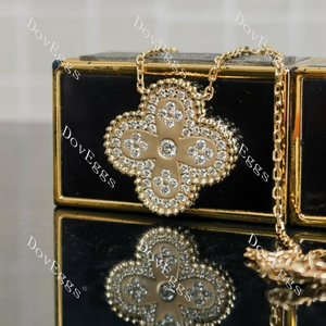 Round four leaf clover vintage moissanite pendant necklace front view|Doveggs