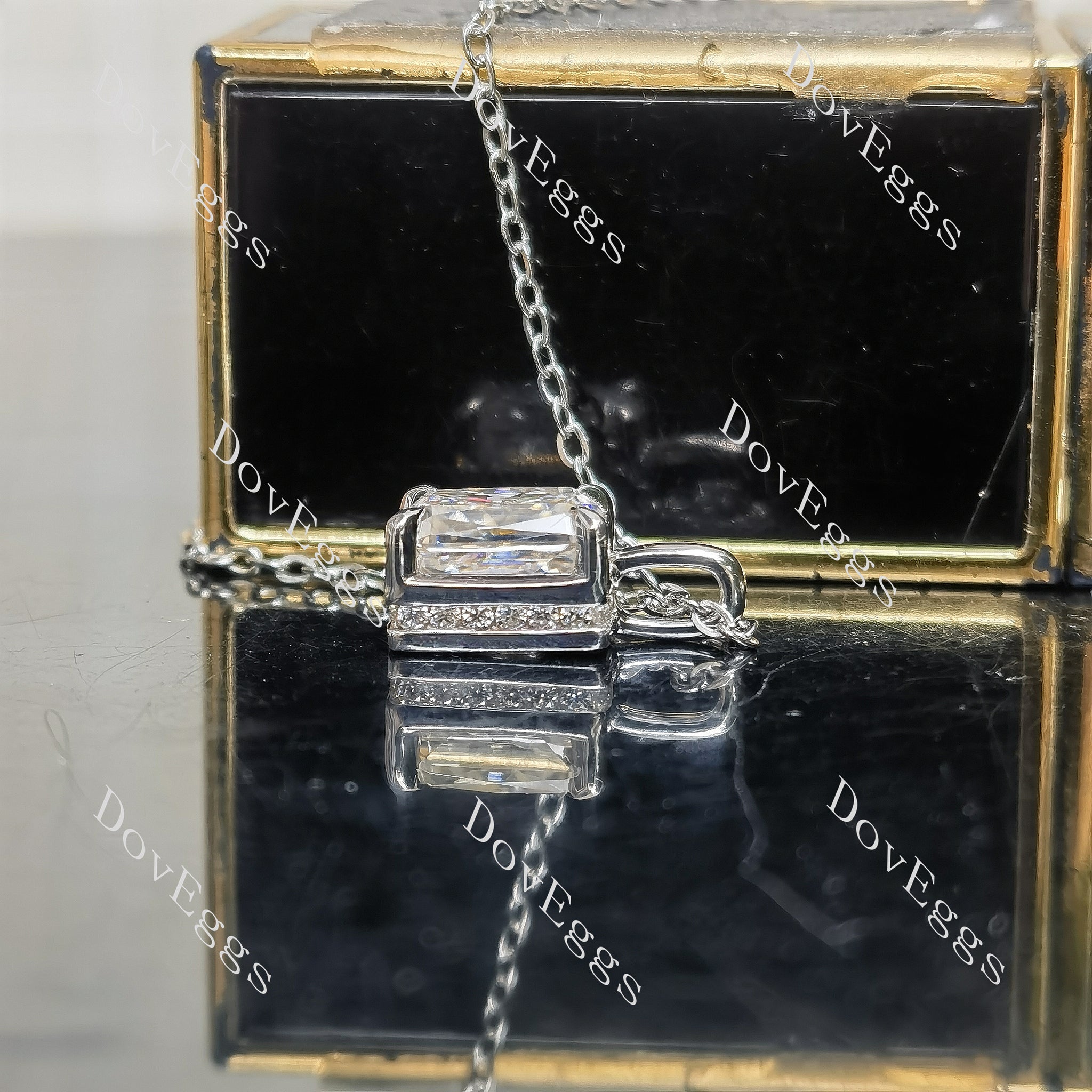 Radiant pave hidden halo pendant necklace side view| Doveggs