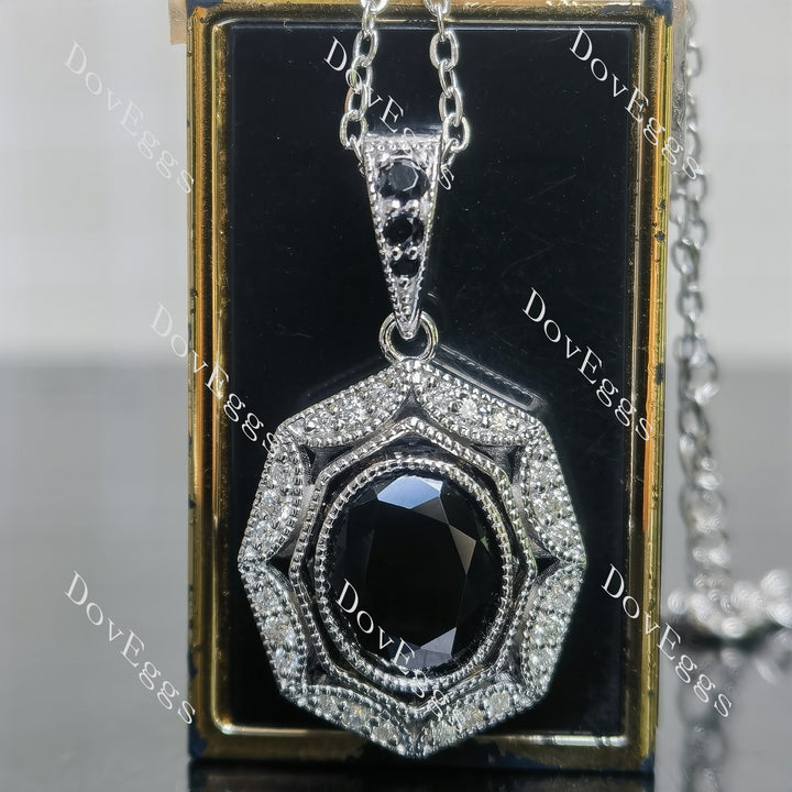 Oval art deco pave halo colored gem pendant necklace main view| Doveggs