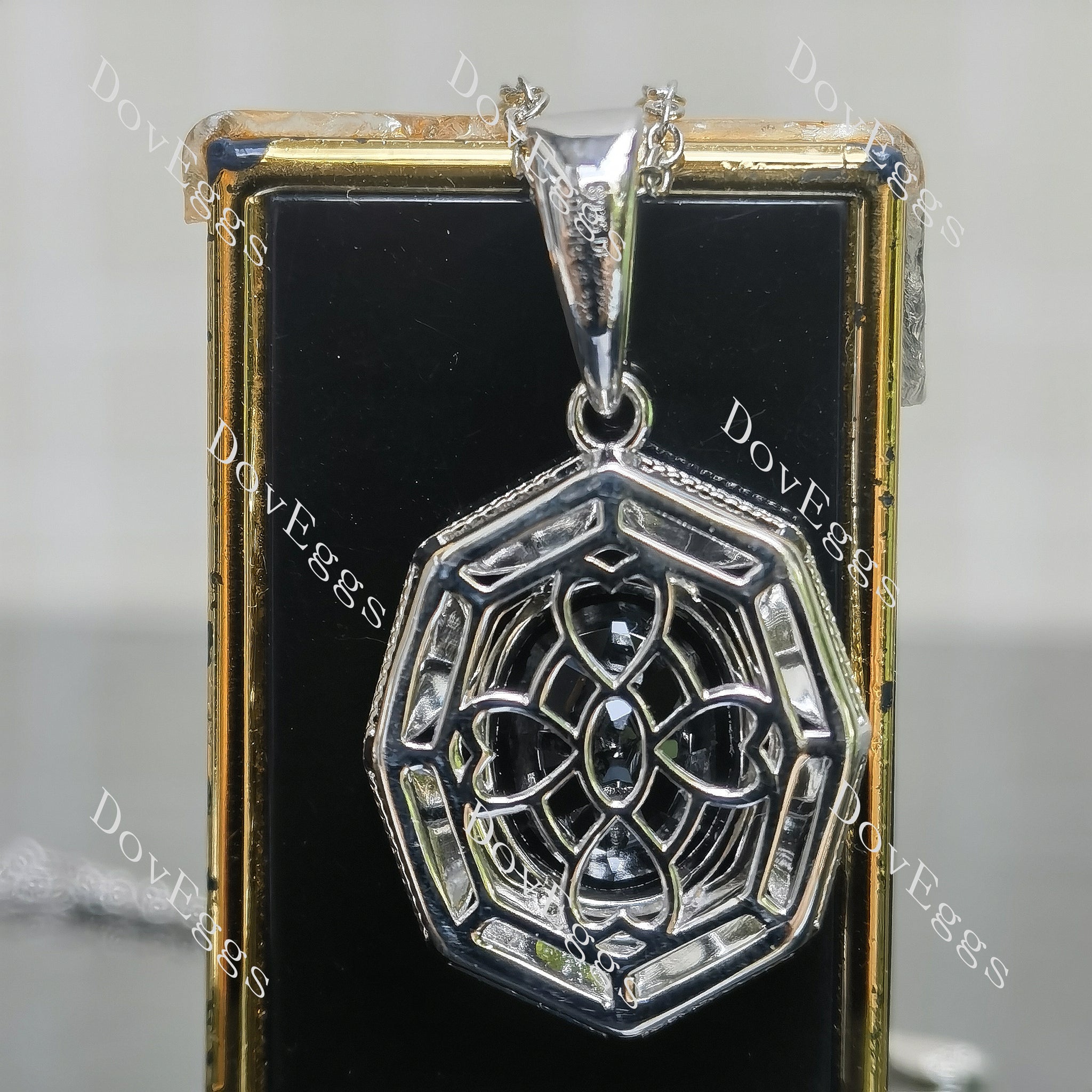 Art deco pave halo colored gem pendant necklace bottom view| Doveggs