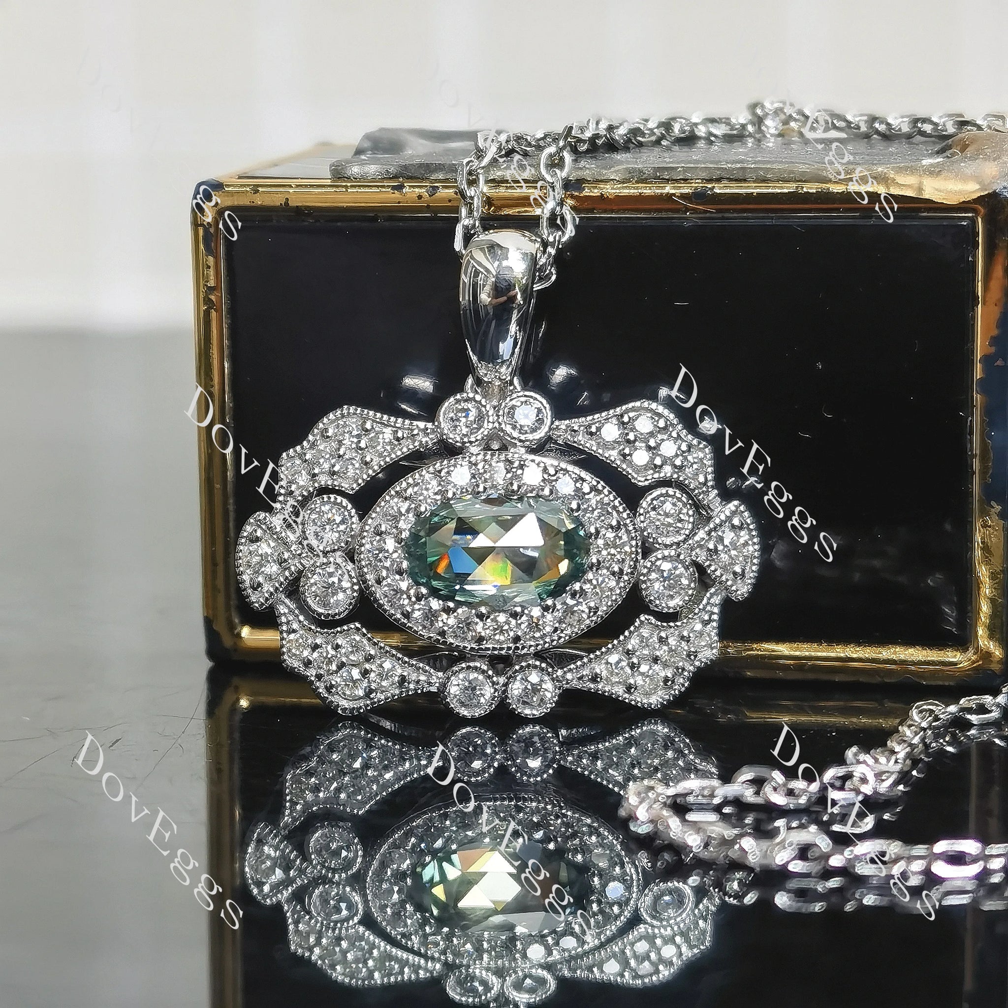 Oval art deco halo rose cut moissnaite pendant necklace main view| Doveggs