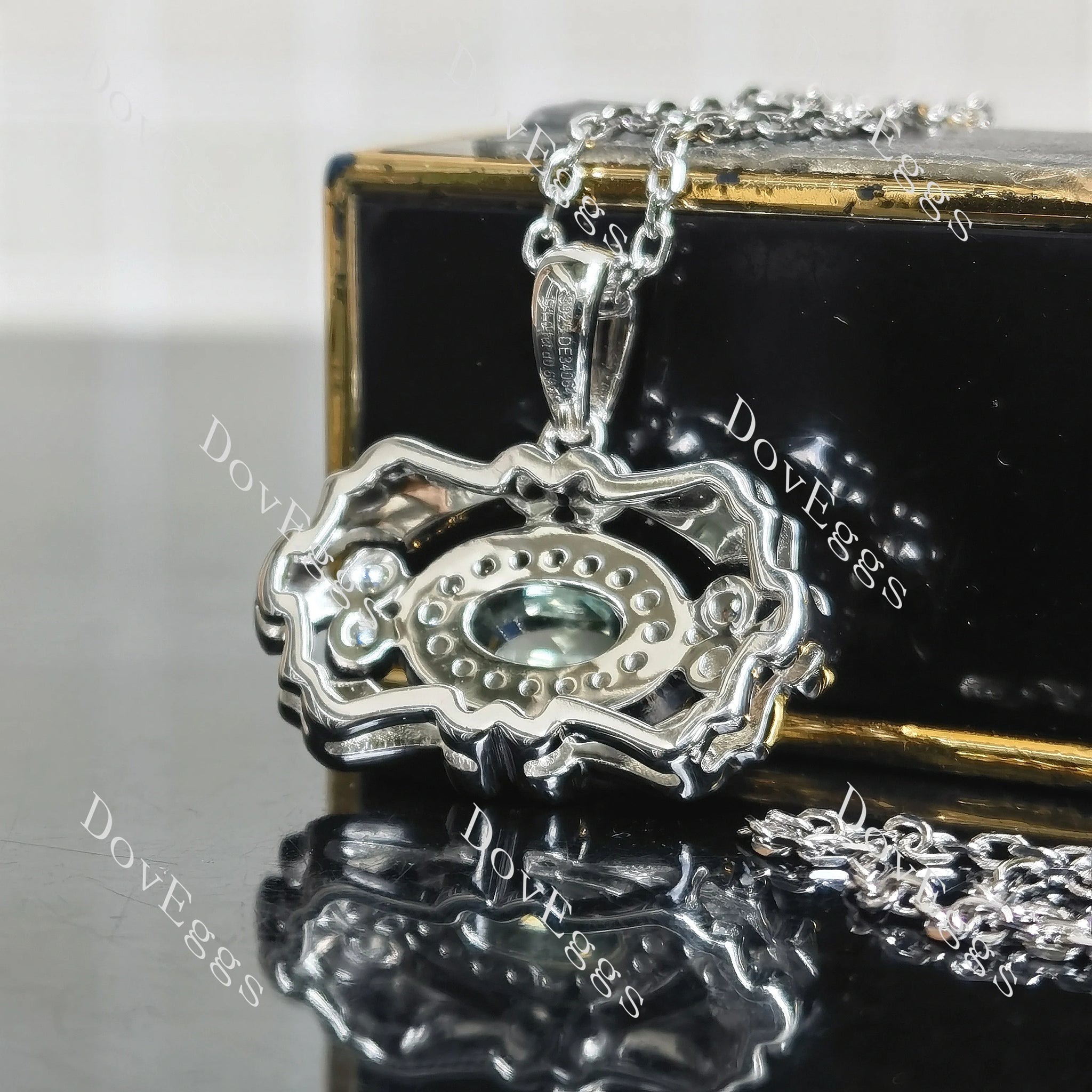 Oval art deco blue moissnaite pendant necklace bottom view| Doveggs
