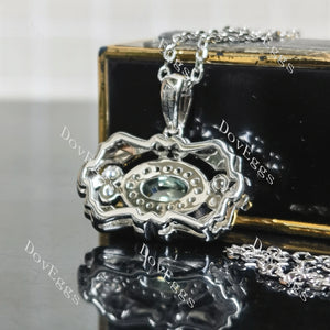 Oval art deco blue moissnaite pendant necklace bottom view| Doveggs