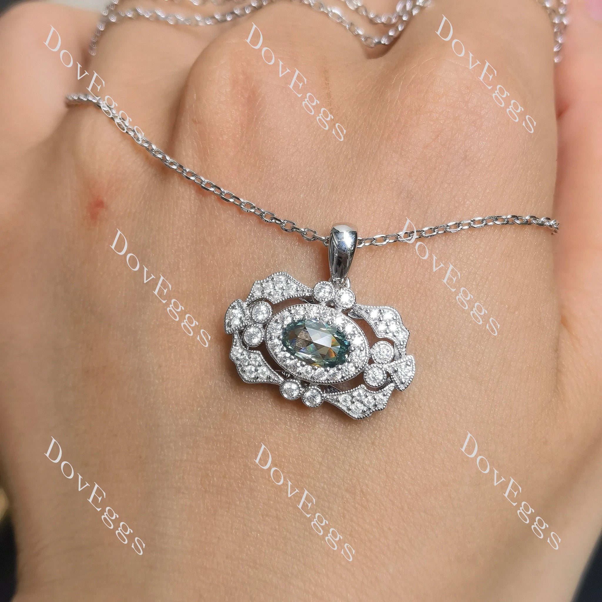 Oval art deco halo blue moissnaite pendant necklace model wearing image| Doveggs