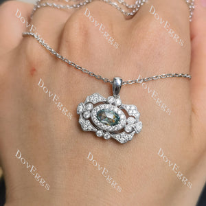 Oval art deco halo blue moissnaite pendant necklace model wearing image| Doveggs