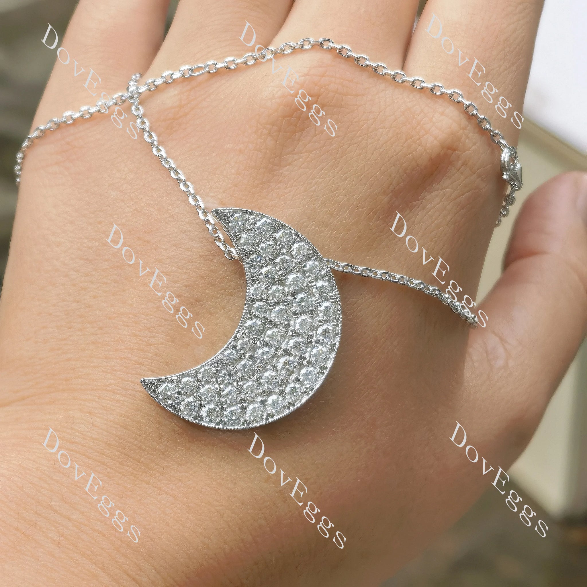 Moon round moissanite or lab diamond pendant necklace on hand view| Doveggs