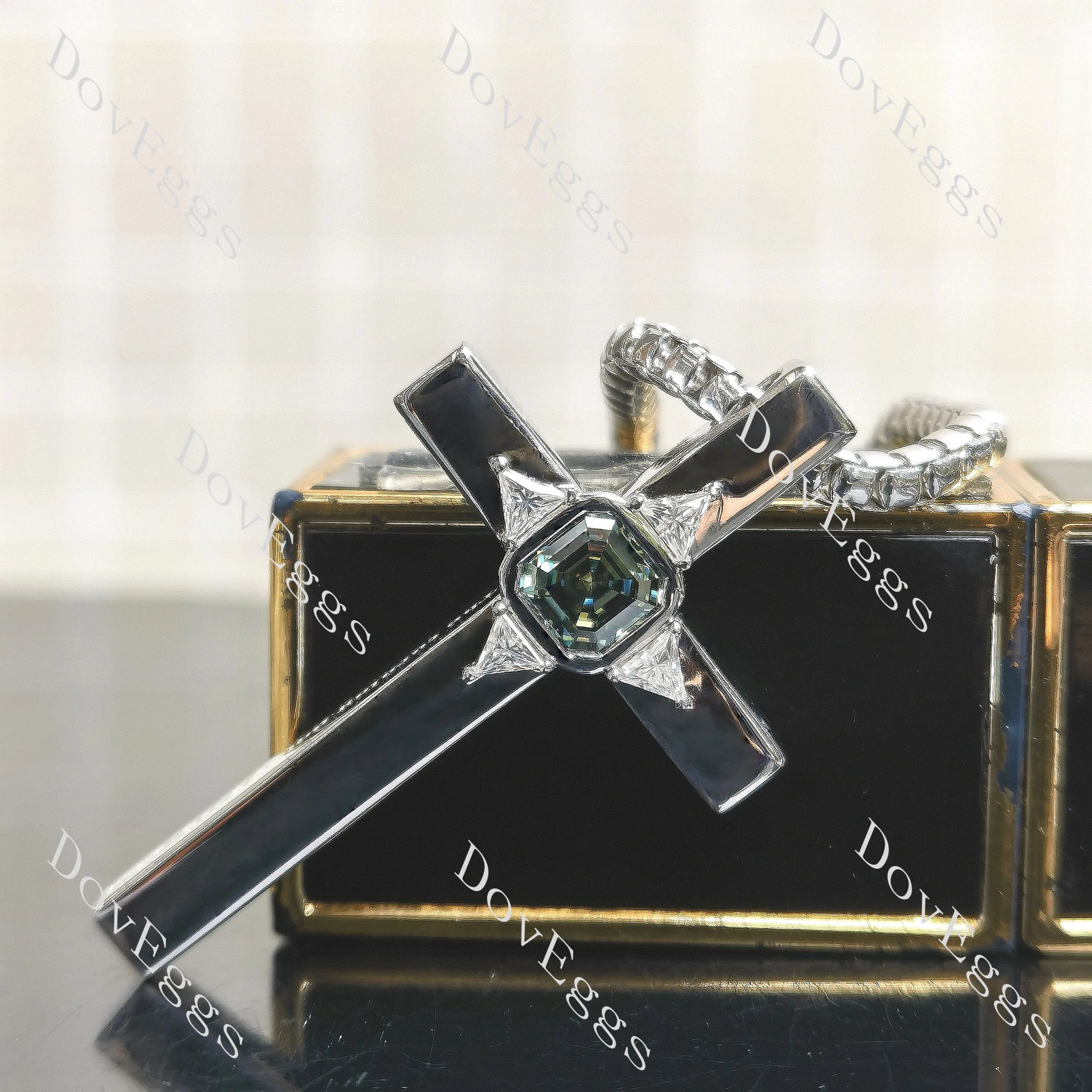 Asscher moissanite bezel Cross pendant necklace main view| Doveggs
