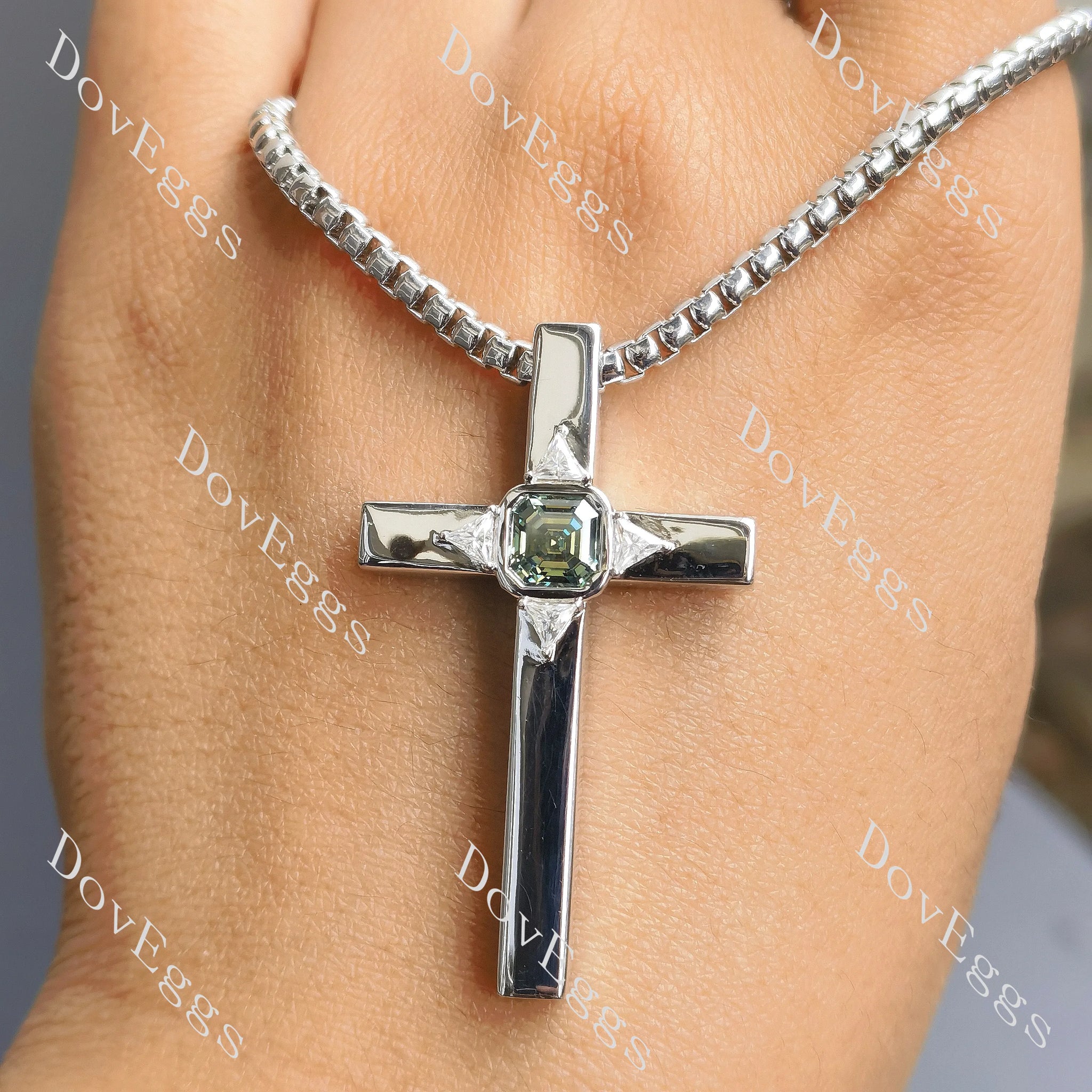 Doveggs asscher moissanite bezel Cross pendant necklace on hand view