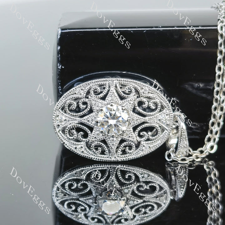 Round vintage carved moissanite pendant necklace main view| Doveggs